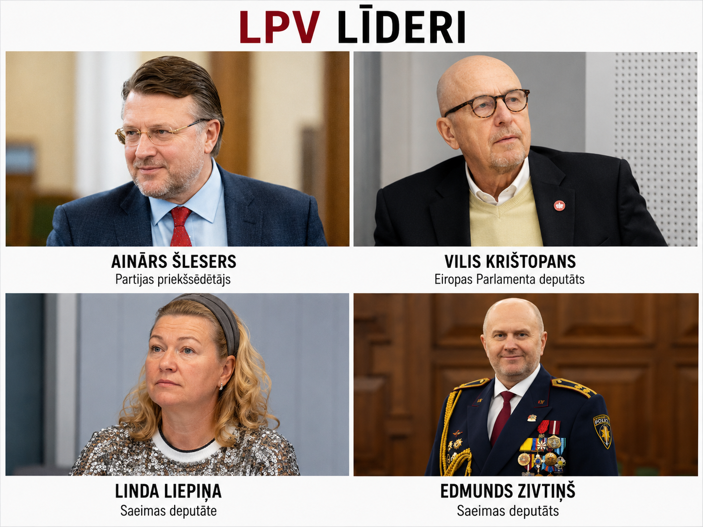 LPV līderi: Ainārs Šlesers (partijas priekšsēdētājs), Vilis Krištopans (Eiropas Parlamenta deputāts), Linda Liepiņa (Saeimas deputāte) un Edmunds Zivtiņš (Saeimas deputāts)